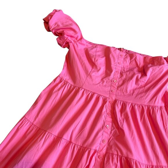 Staud Elio Off-The-Shoulder Dress Plumeria Pink Midi Length Cotton Size 16 NWT - Picture 5 of 14